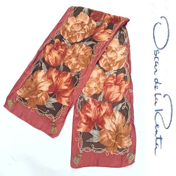 Oscar de la Renta 100% Silk Scarf Rust Gold Brown Floral Rolled Edge 11X50 - Picture 1 of 4